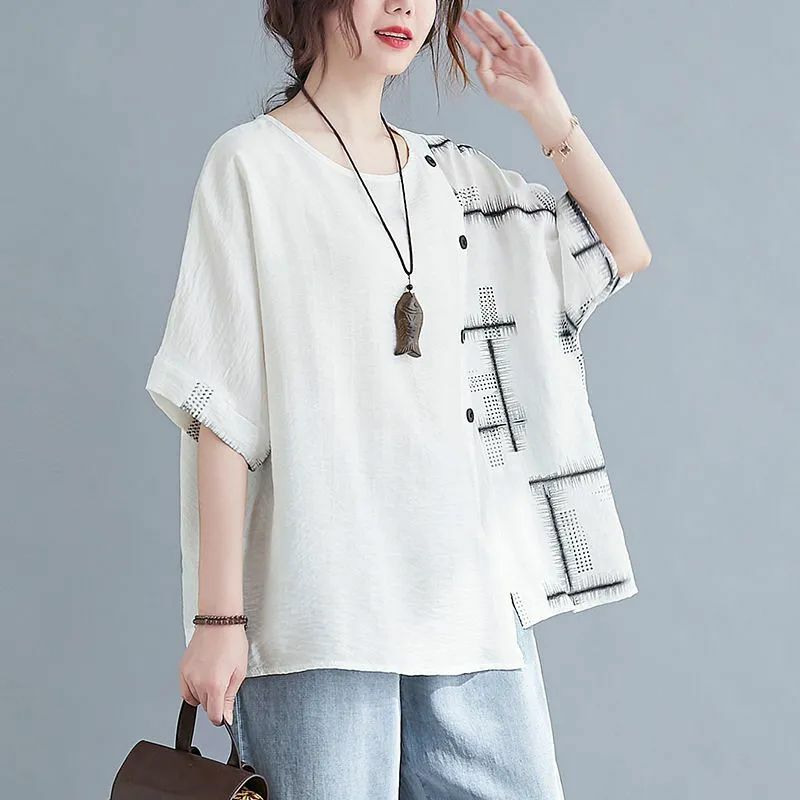 Elegant Fashion Harajuku Slim Fit Female Clothes Loose Casual All Match Tshirts Printed O Neck Button Short Sleeve T-shirts