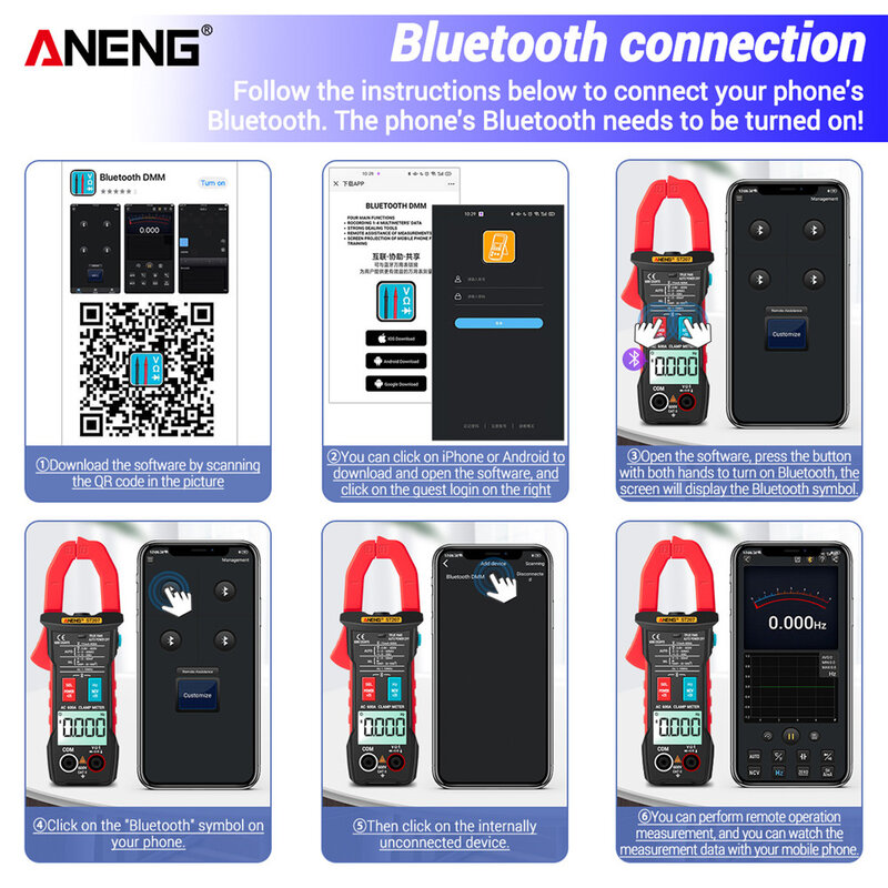 Aneng ST207 Digitale Bluetooth Multimeter Stroomtang 6000 Count True Rms Dc/Ac Voltage Tester Ac Stroom Hz Capaciteit ohm