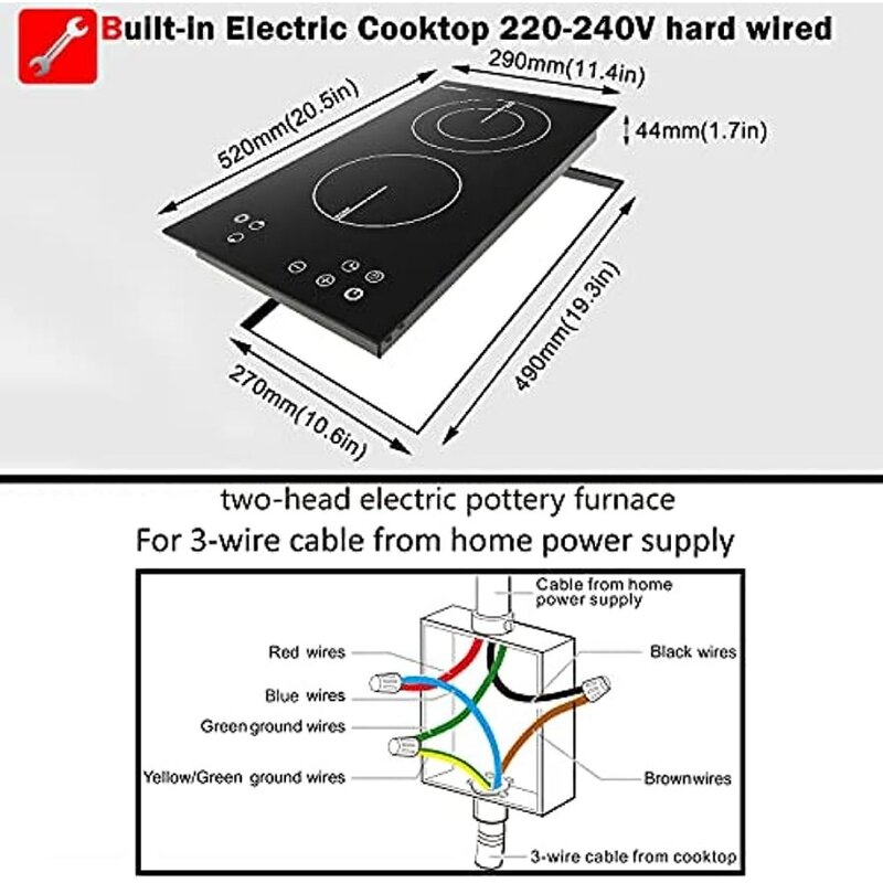 Cooktop 220v - 240v with Child Safety Lock, Timer, Residual Heat Indicator, 3200W, Hard Wired, No Plug Electric Stove Top