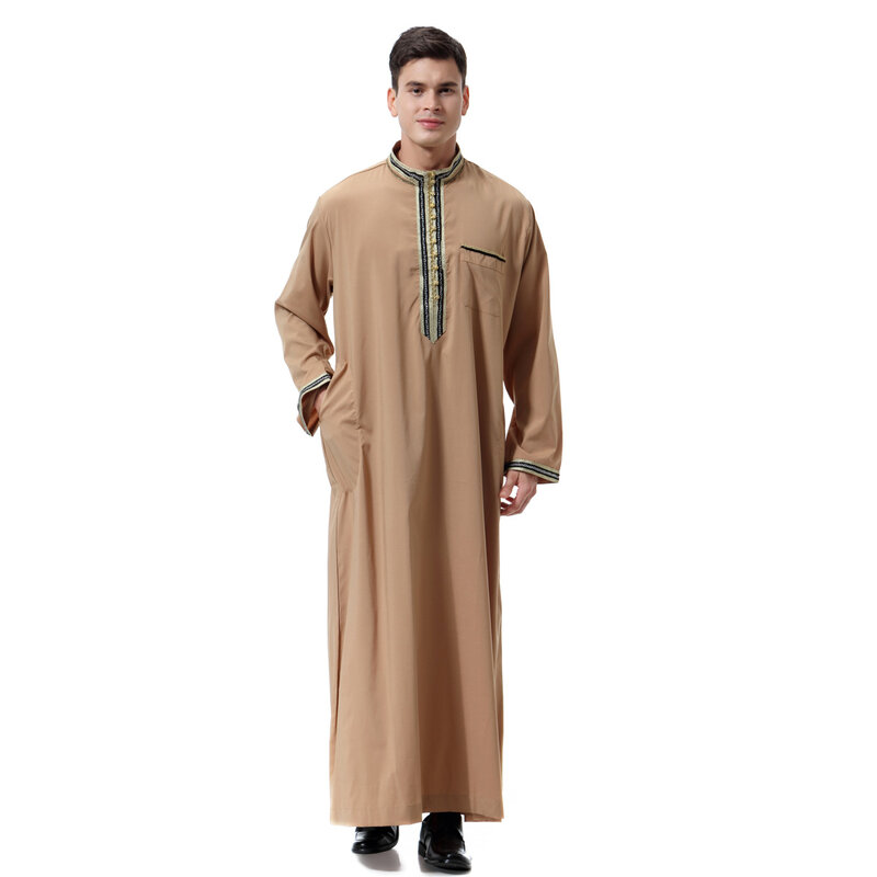 Middle Eastern Men's Decal Stand Collar Robe