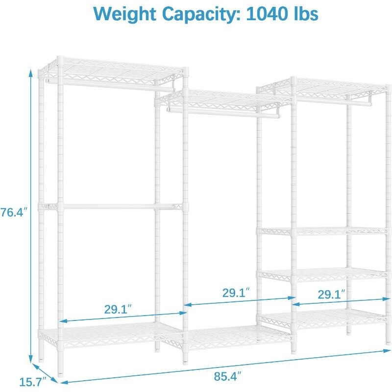 V5 Plus Portable Wardrobe Clothes Rack, Large Free Standing Closet Rack for Hanging Clothes, 85.4" L x 15.7" W x 76.4" H, White