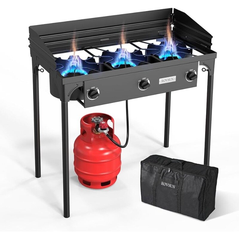 3 Burner Propane Gas Stove with Carrying Bag, 225,000 BTU Patio Outdoor Camping Burner with Wind Panel & CSA Listed Regulator,