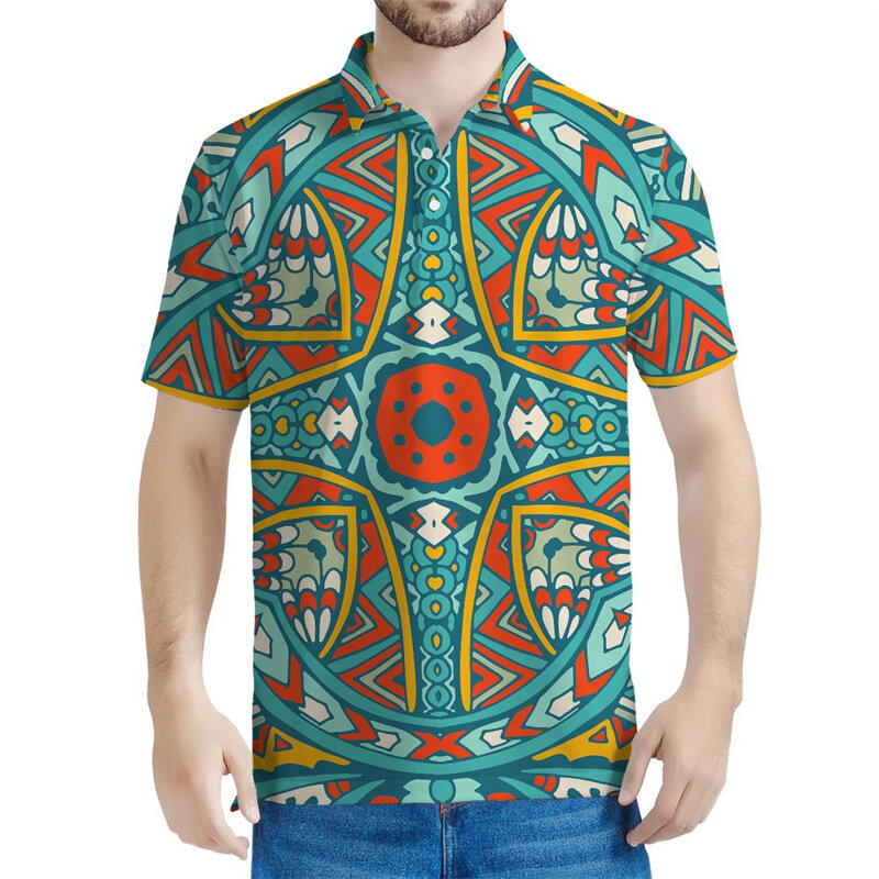 Polo à motif mandala coloré pour hommes et femmes, t-shirt bohème imprimé en 3D, t-shirt décontracté à manches courtes, été