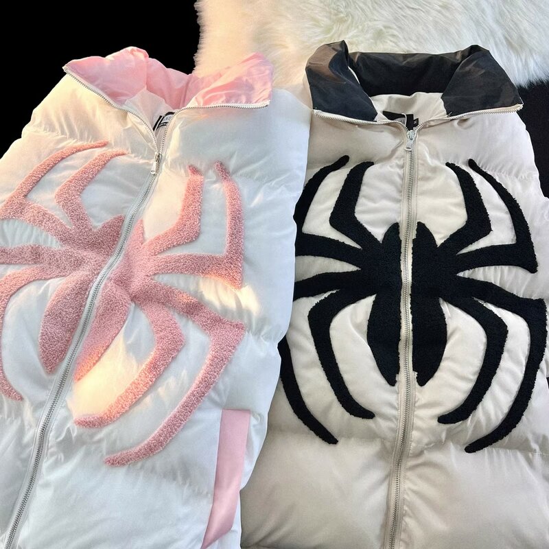 Jaket parka bordir laba-laba Punk Amerika wanita, jaket dengan bantalan hangat tebal Vintage Harajuku Musim Dingin untuk pasangan