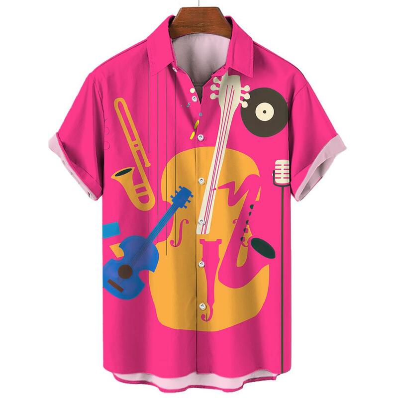 メンズハワイアン3Dプリント半袖ラペルシャツ,楽器,グラフィック,ファッション,ボタン,ストリートウェア,夏