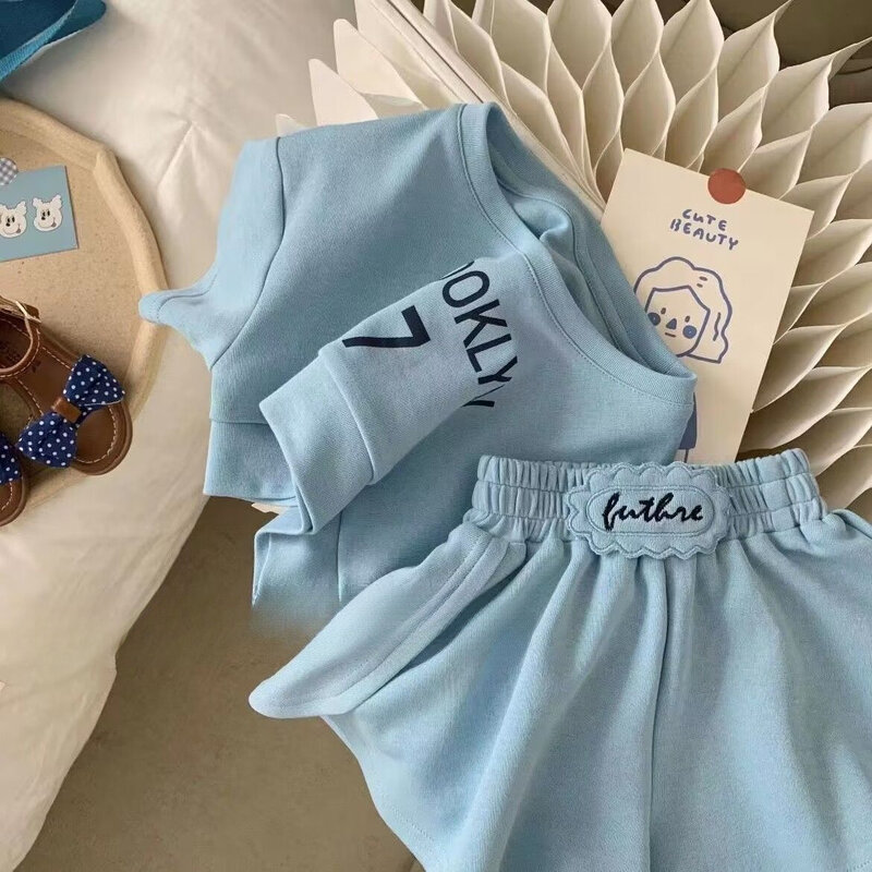 Set pakaian bayi perempuan, Kaus katun lengan pendek dua potong edisi anak-anak Korea musim panas