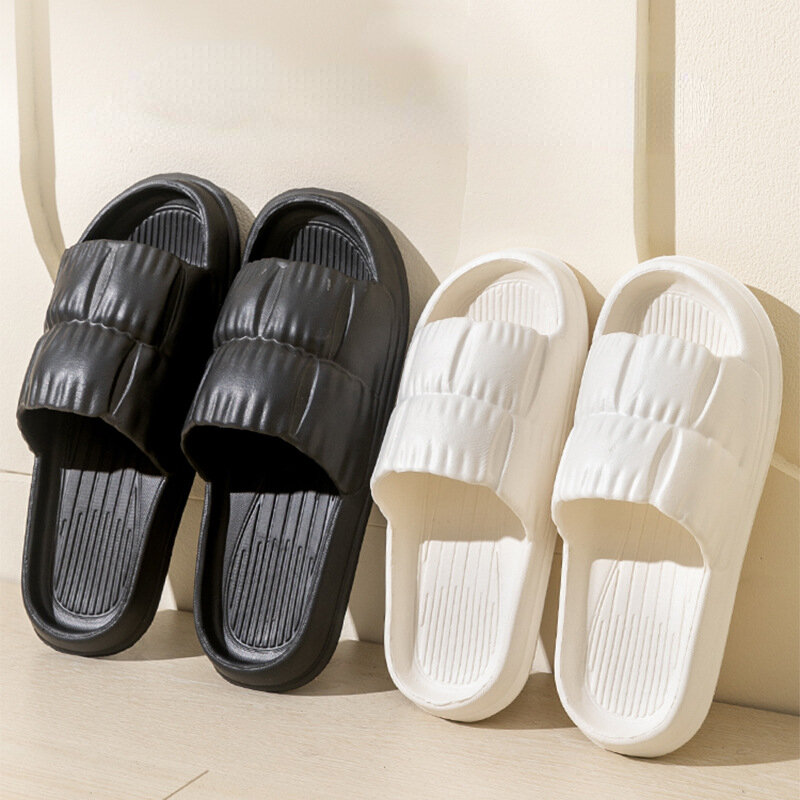 Zapatillas de casa antideslizantes para hombre y mujer, sandalias de color sólido, chanclas de playa con pétalos plisados, zapatos de casa con plataforma