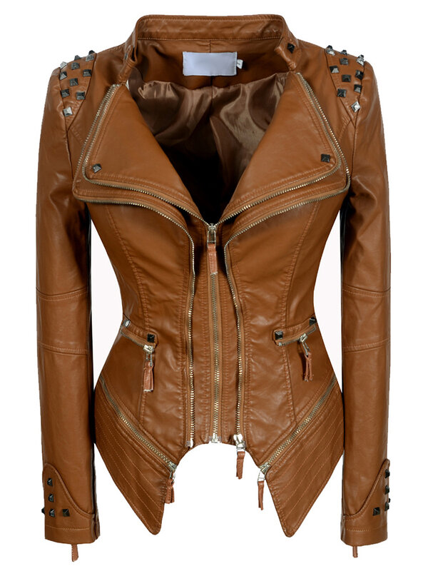 Jaqueta feminina de couro falso PU estampa de cobra, outerwear senhora motociclista, casaco vermelho de motocicleta, outono, inverno, 2023