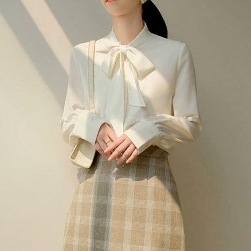 Блузка Женская Офисная на пуговицах с длинным рукавом, элегантная Милая Повседневная модная рубашка в Корейском стиле, Осень-зима