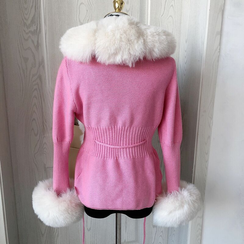 Suéter de punto de piel sintética para mujer, cárdigan elegante con cuello de piel de zorro falso, abrigo de moda para mujer, primavera y otoño