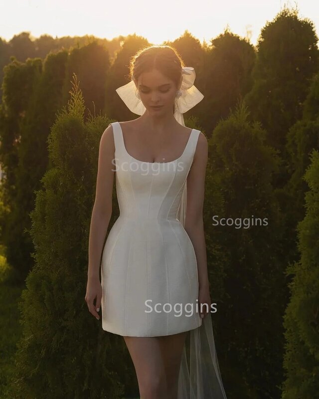 Gaun pernikahan pendek elegan wanita 2024 gaun pengantin sederhana kerah persegi tali Spaghetti punggung terbuka di atas lutut