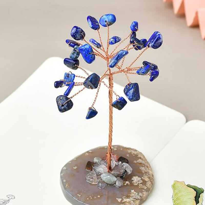 Mini árbol de dinero de cristal envuelto con alambre de cobre con Base de rebanada de ágata, piedras preciosas curativas, árboles de Yoga Feng Shui, decoración del hogar