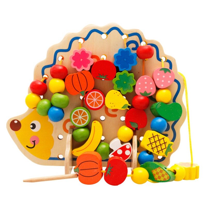 Mainan anak-anak belajar pendidikan dini Puzzle mainan kayu manik-manik buah landak latihan kemampuan langsung