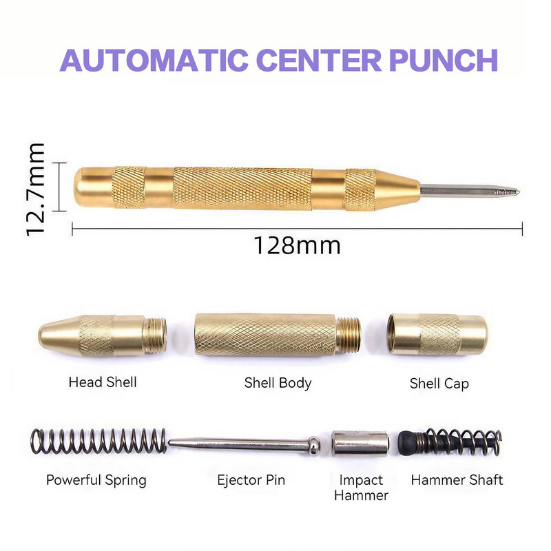 STONEGO 1PC 5 Inch Automatic Center Punch - 5 inch Heavy Duty Steel Spring Loaded Punch Tool for Metal, Wood, Glass, Plastic