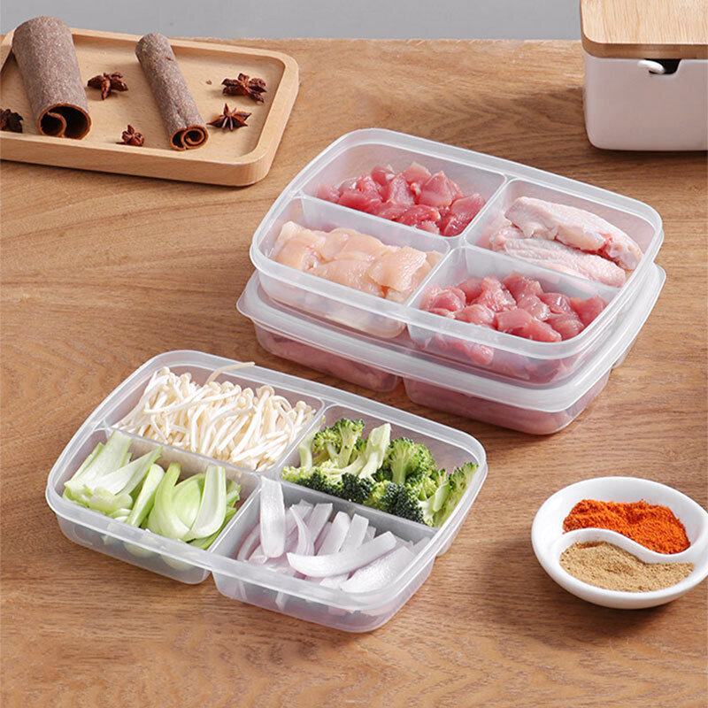 4 Grids  PP Food Fruit Storage Box Portable Compartment Refrigerator Freezer Organizers Sub-Packed Meat Onion Ginger