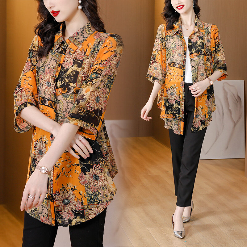 2023 Summer New Silk Medium Length Polo Neck Shirt Cardigan Women's Flower Print Top Long Sleeve Small Shirt Sun Shield