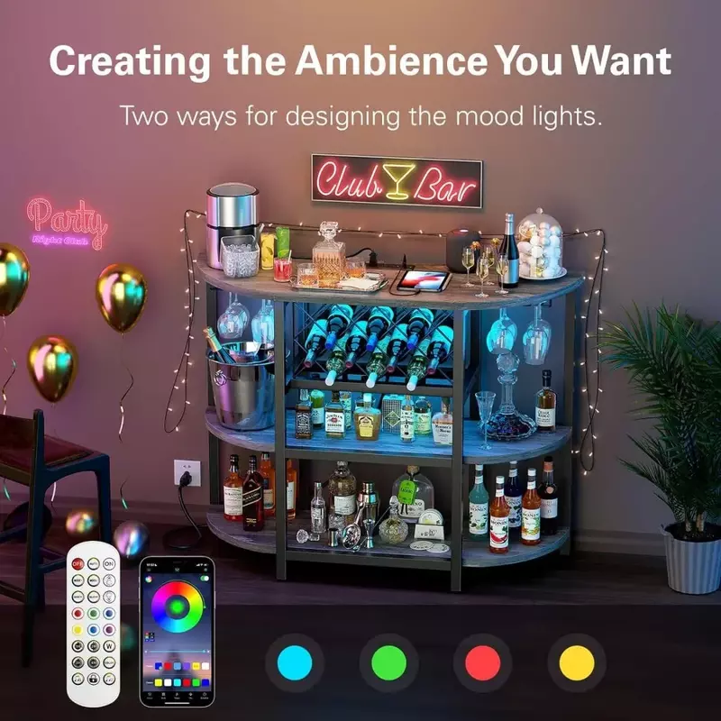 Mini Bar Mesa com Tomada de Energia, LED Home Cabinet para Licor, Metal Wine Bar Stand, 4-Tier Storage