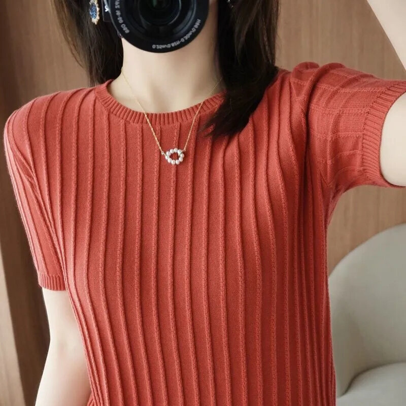 Frühling Sommer Kurzarm Frauen Pullover koreanische Mode Strickwaren Slim Fit Bottom ing Shirts lässig O-Neck Pullover Strick oberteile