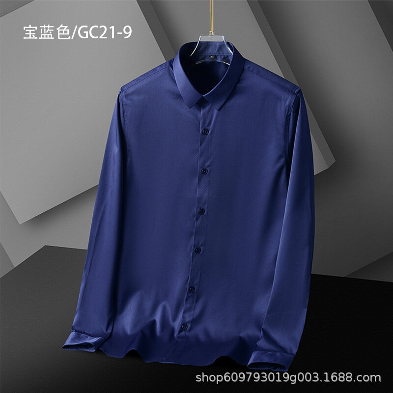Z144Navy blue silky men's long-sleeved shirt, no-iron breathable spring and autumn stretch shirt for groom