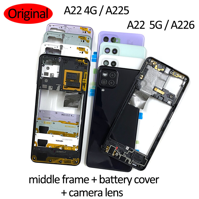 For Samsung Galaxy A22 4g 5g A225 A226 Phone Housing Case Middle Frame Cover+Battery Back Cover Rear Door Lid+Camera Lens
