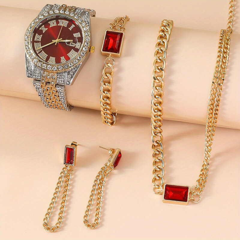 5 Stück Luxus Damen Diamant Uhr Damenmode Stahl kette Uhren Schmuck Kette Ohrringe Armband Halskette Set