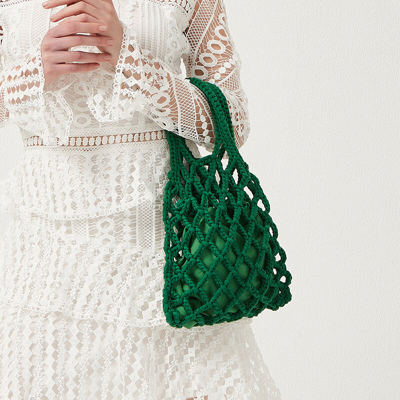 Tas tangan wanita tali katun tenun 2 buah tas jaring desainer Bohemian musim panas tas pantai jerami dompet tas Tote potongan wanita