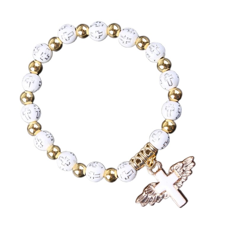 Simpatici braccialetti elasticizzati religiosi Angelo fascino per croce Rosario Bracciale con perline Ciondolo cattolico per