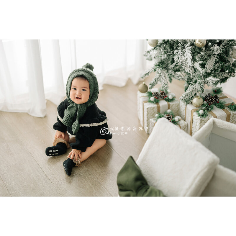Dvotinst Newborn Baby Photography Props Christmas Green Outfits X'mas Gift Box Knitted Blanket Studio Shooting Photo Props