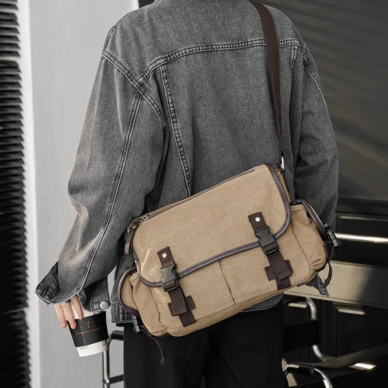 Bolsa de ombro masculina de lona, bolsa casual mensageiro, grande capacidade, bolsa de estudante, maleta masculina, estilo coreano, na moda
