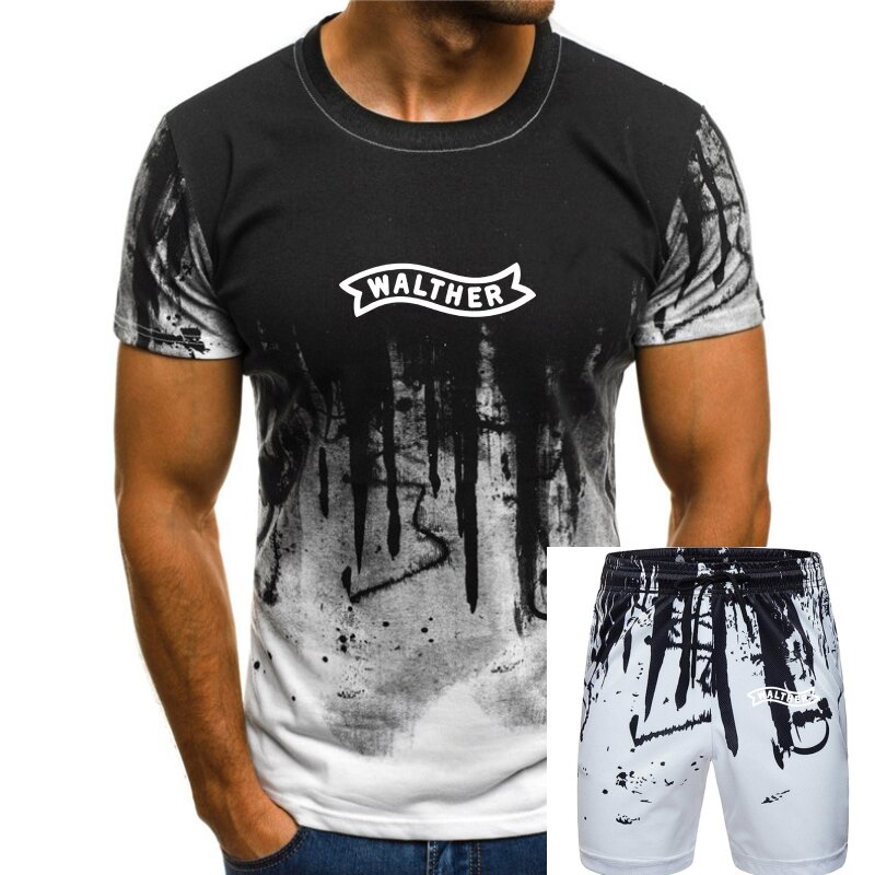 T-shirt preta com logótipo Walther para homens e mulheres, 100% algodão