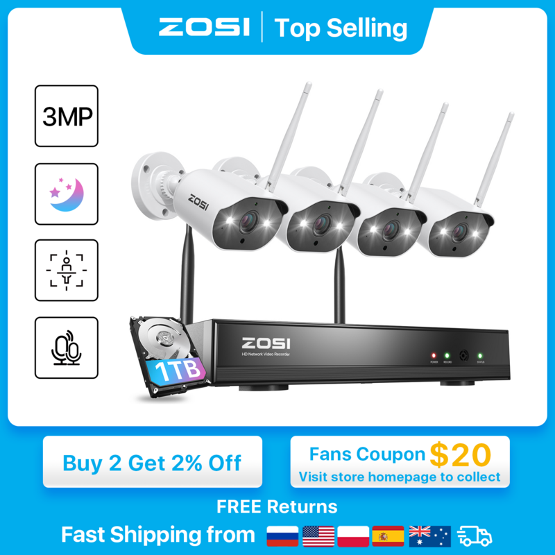 ZOSI 3MP беспроводная система камер безопасности с 8-канальным H.265 2K CCTV NVR и 3MP HD-уличной IP-камерой Wi-Fi Комплект для видеонаблюдения