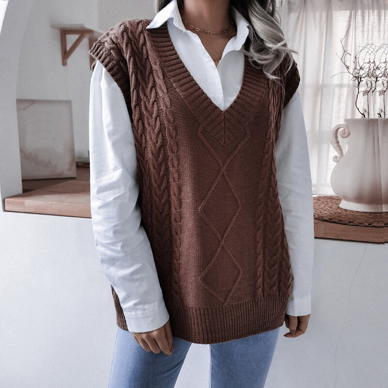 Solidny kolor sweter kamizelka damska jesienno-zimowa Retro dekolt w szpic bez rękawów swetry damski miękki, w stylu Basic sweter Oversize Top damski