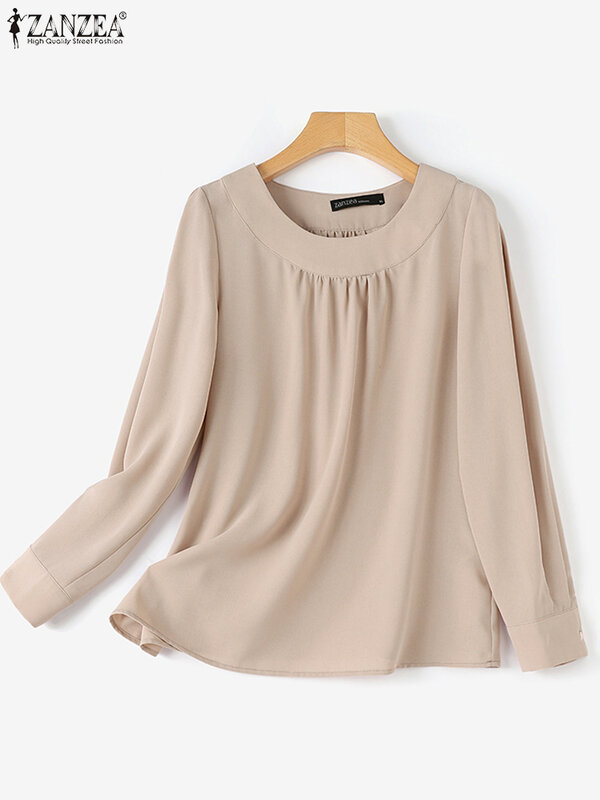 Eleganckie bluzki damskie ZANZEA Casual Blusas 2024 Wiosenne koszule z długim rękawem Plisowane tuniki Topy OL O Neck Solid Color Oversized