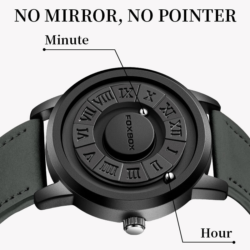 FOXBOX-Relógio de pulso masculino de quartzo magnético, ponteiro de rolagem criativo, relógio de couro genuíno