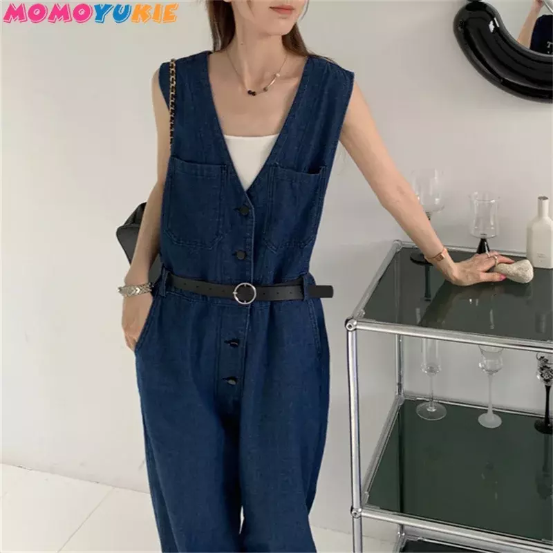 Denim Jumpsuits for Women 2023 Summer New Fashion Casual Loose Sleeveless V-Neck Long Straight Pants Wide Leg Mopping Pants