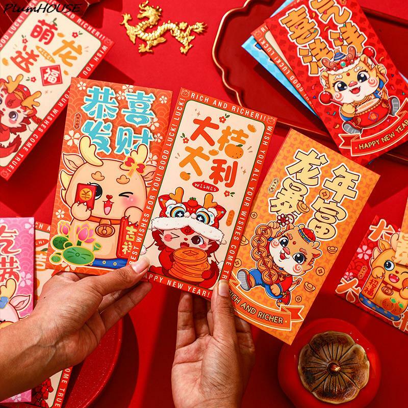 Envelope vermelho da sorte do ano novo chinês, símbolo do ano dragão, bolso de dinheiro, suprimentos de ano novo, 2024, 6pcs