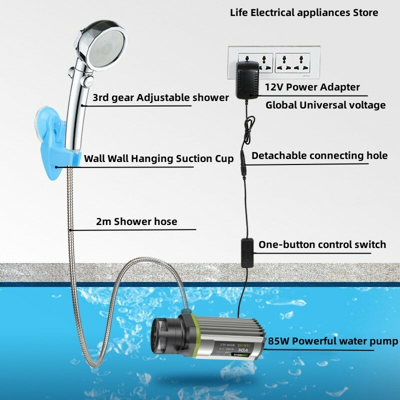Doccia elettrica Macchina portatile per vasca da bagno Mobile Pompa autoadescante da 85W Asta dell'acqua calda del riscaldatore piccolo Cavo di alimentazione USB da 1.2m Può essere collegato alla potenza mobile