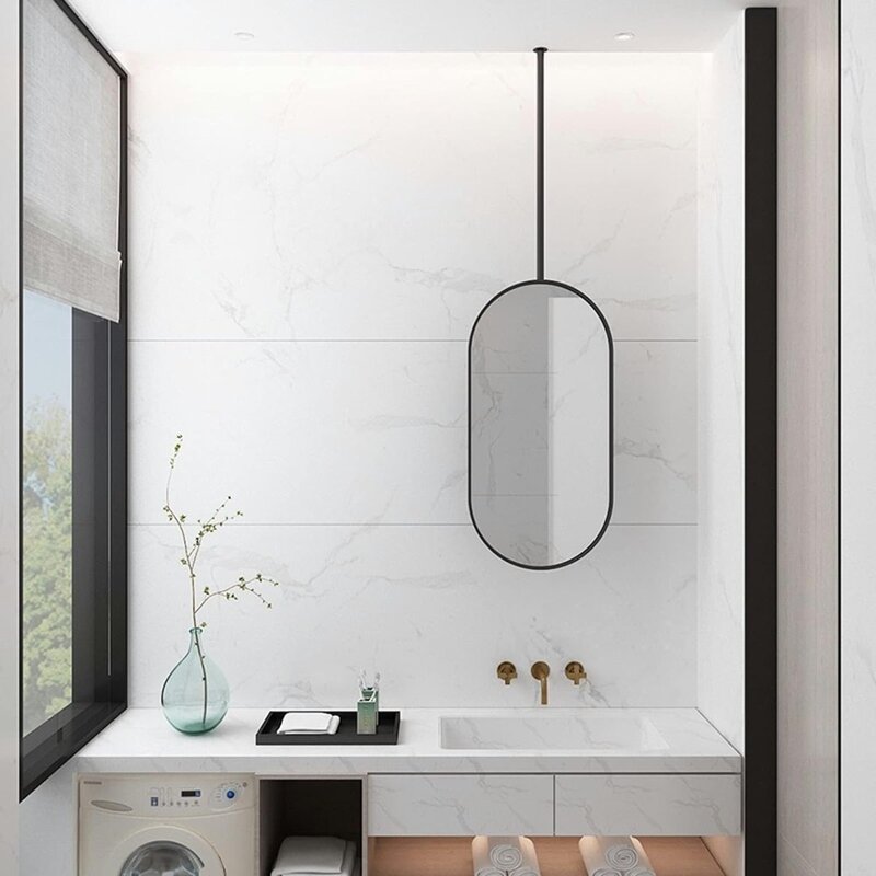 Espelho de suspensão vertical da parede do banheiro, quadro oval do metal, espelho ereto nórdico moderno, espelho horizontal do hotel