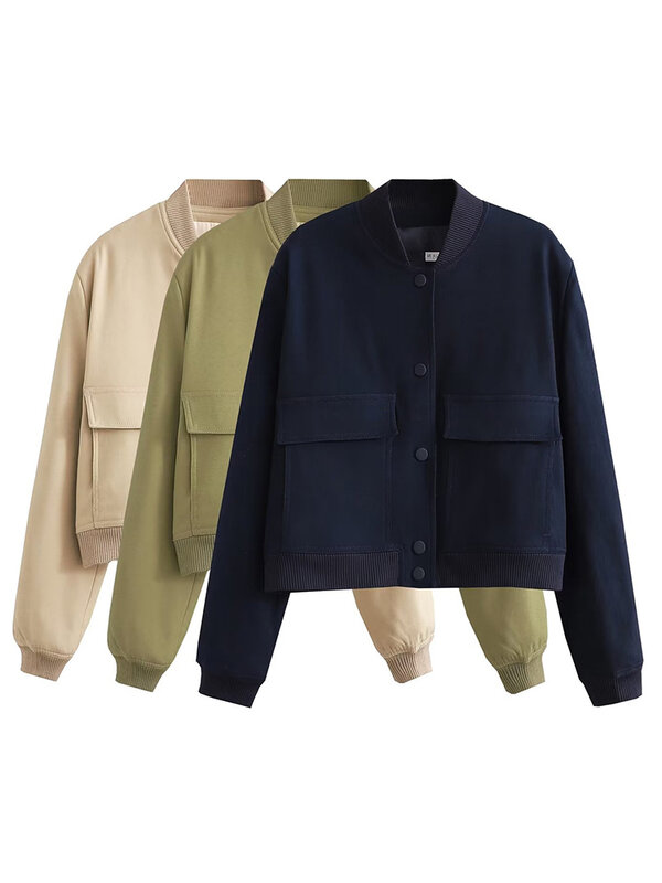 여성용 스탠드 칼라 봄버 재킷, 솔리드 긴팔 포켓 짧은 코트, 여성 바이커 고딕 레이싱 재킷, 2024 용수철 패션, 신제품