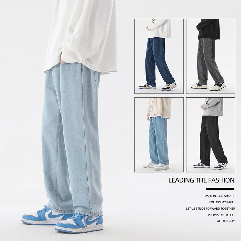 2023 New Korean Fashion Men's Casual Ankle-Length Jeans Classic Man Straight Denim Wide-leg Pants Light Blue Grey Black 3XL