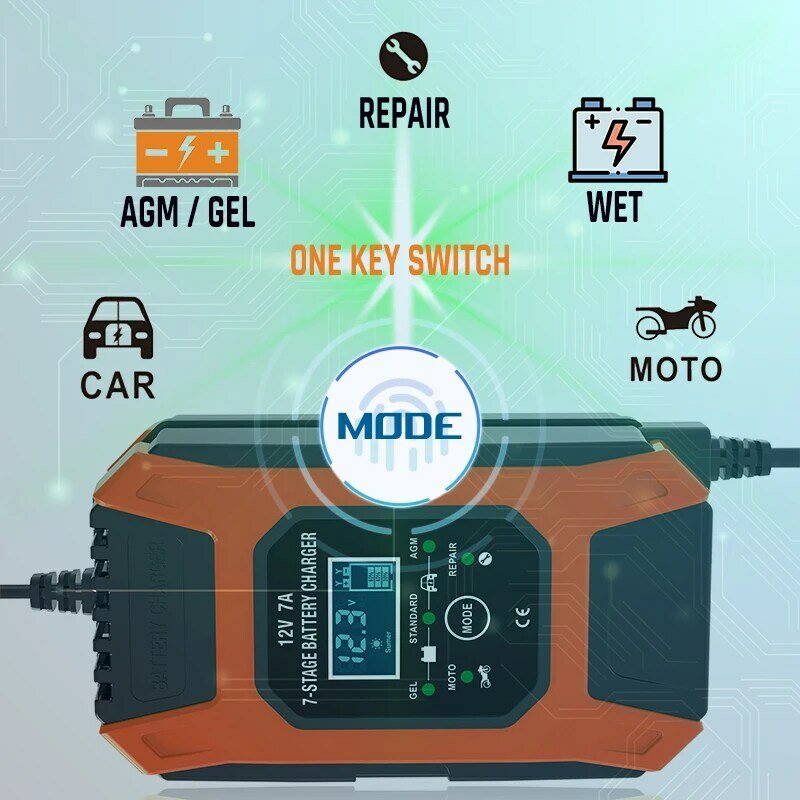 Умное автомобильное зарядное устройство FOXSUR 12 В, 7 А, полностью автоматическое, для грузовика, фургона, вездехода, скутера, AGM, свинцово-кисло...