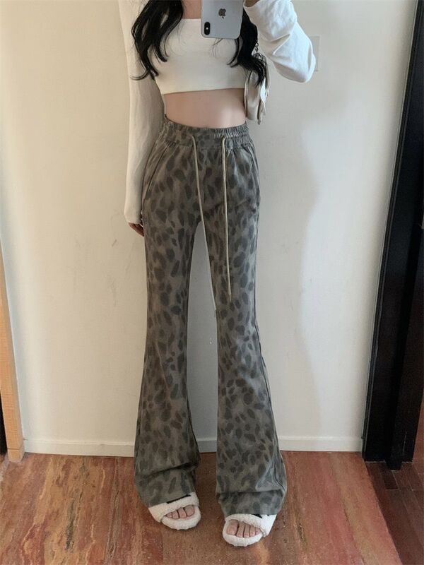 Damen Leopard hoch taillierte ausgestellte Hose boden lange lässige Hose mit weiten Beinen koreanische Mode heißes Mädchen Frühling Herbst