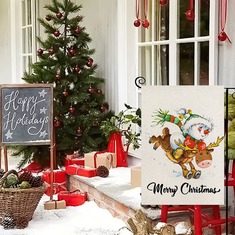 1 szt. Wieniec świąteczny, wzór bałwana, dwustronna drukowana flaga do ogrodu, bożonarodzeniowa dekoracja dziedzińca na farmie, z wyłączeniem masztu