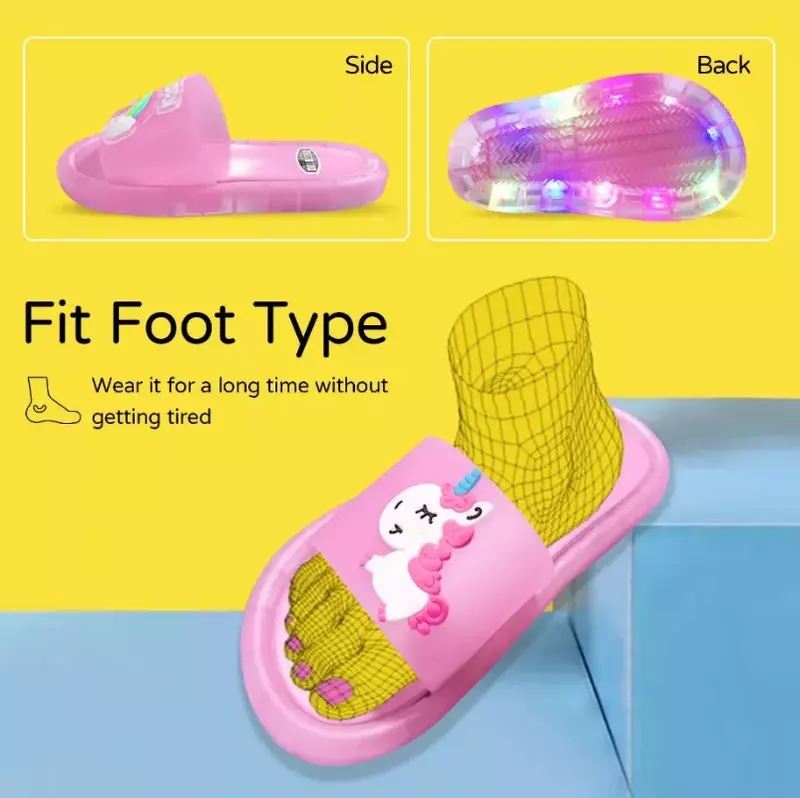 Zapatillas de baño para niños y niñas, zapatos con estampado de animales de unicornio de dibujos animados, lindos zapatos de moda iluminados, zapatillas para niños pequeños