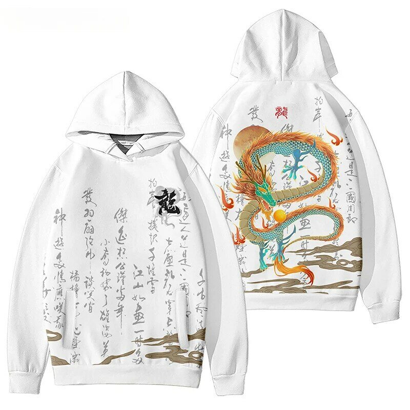 Dragon Print Harajuku Hoodie Pullover Sweatshirt Plus Size 4XL 5XL Hip Hop Hoodie Streetwear Men Autumn White Hooded