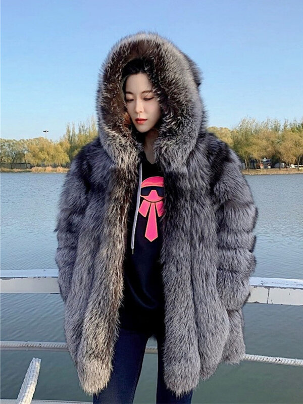 Abrigo de piel de zorro plateado para mujer, Chaqueta larga de piel auténtica, ropa de calle de lujo, con capucha de felpa, 2023