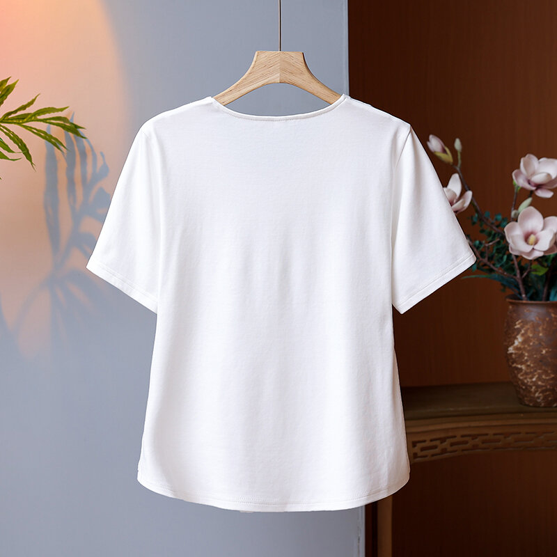 T-shirt en coton brodé à manches courtes de style chinois pour femmes, haut à col en V rétro, taille plissée amincissante, été