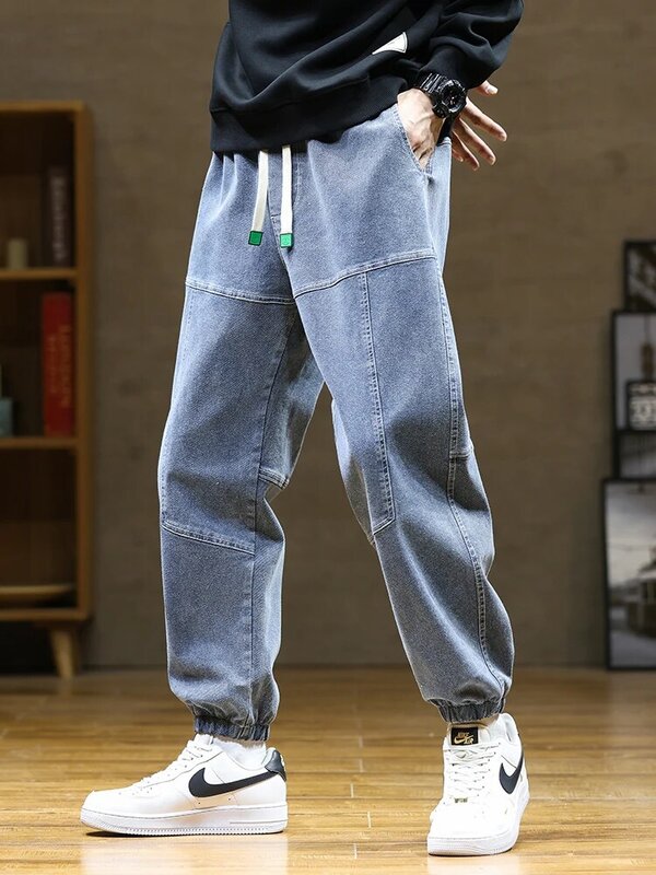 Denim Jogger, calça jeans larga masculina com cordão, calça harém, jeans esticada, tamanho grande 8XL, moda outono, nova, 2023
