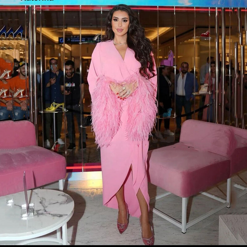 Arabic Elastic Crepe Prom Dress Feathers A-line V Neck Pink Long Sleeves Dubai Formal Gown Celebrity Party Gowns vestidos