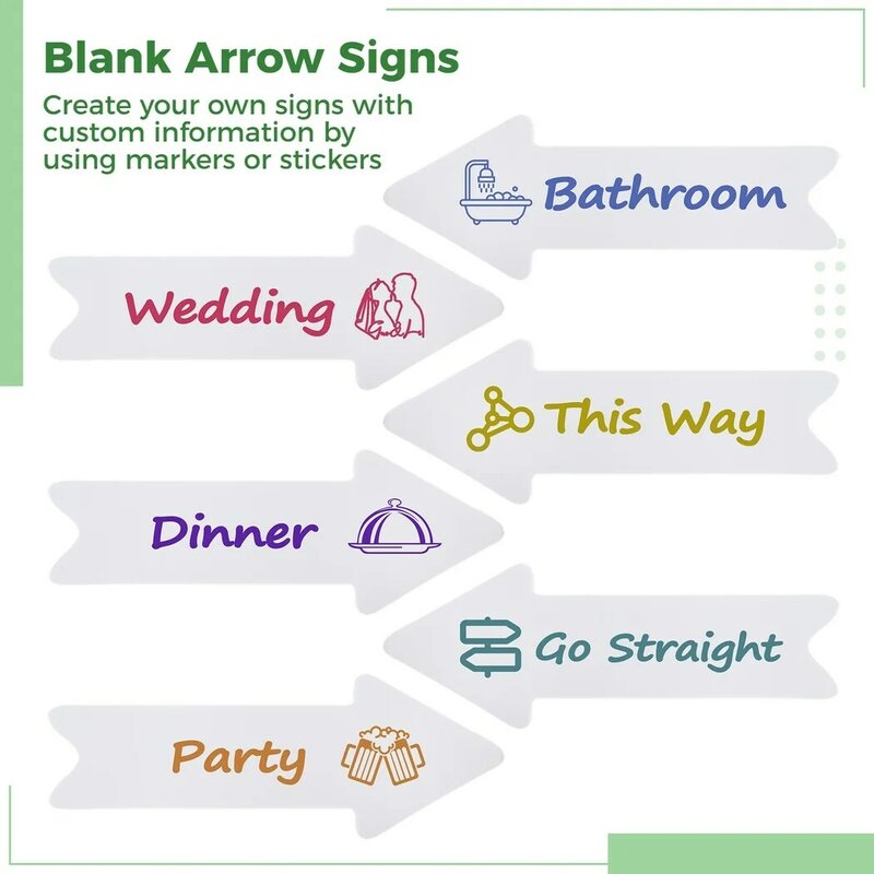 Letreros de flecha en blanco con estacas para boda, señales direccionales de plástico para patio, Guía para fiestas, 6 piezas